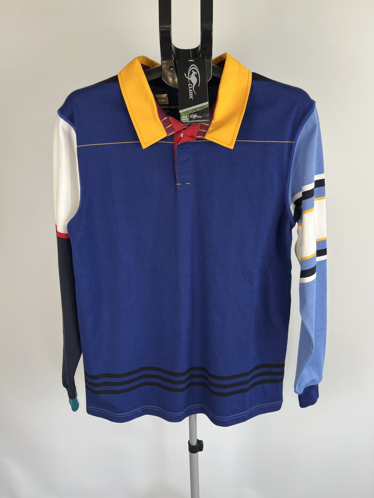 Classic Sports blue colourblock long sleeve rugby shirt size S