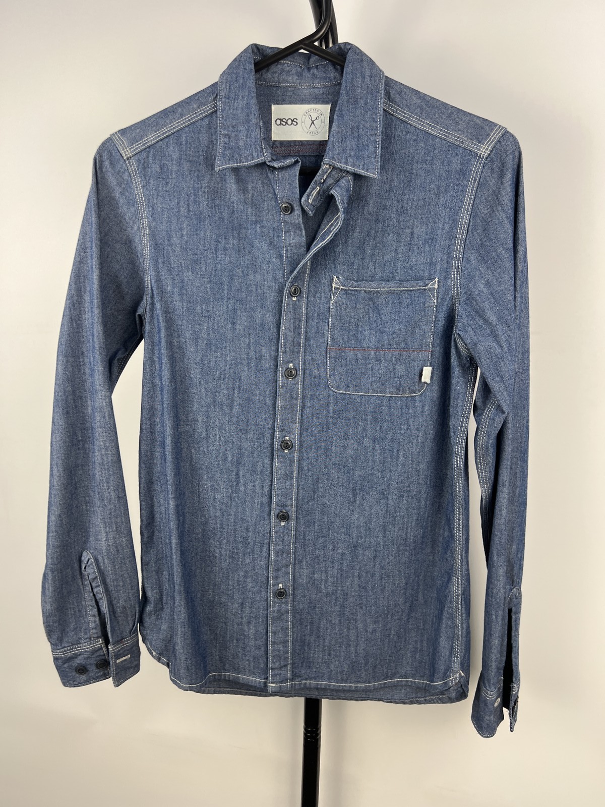 ASOS Mens Blue Denim Chambray Button Up Shirt XS 100% Cotton