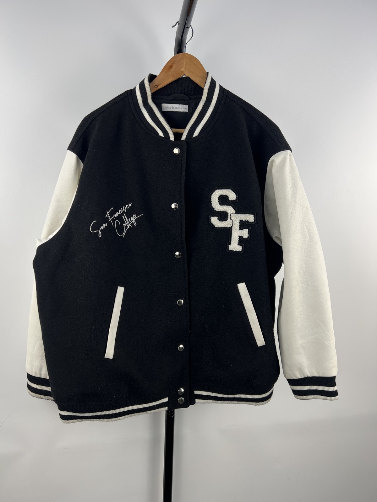 Minx & Moss SF Varsity Bomber Jacket Black/White Size M