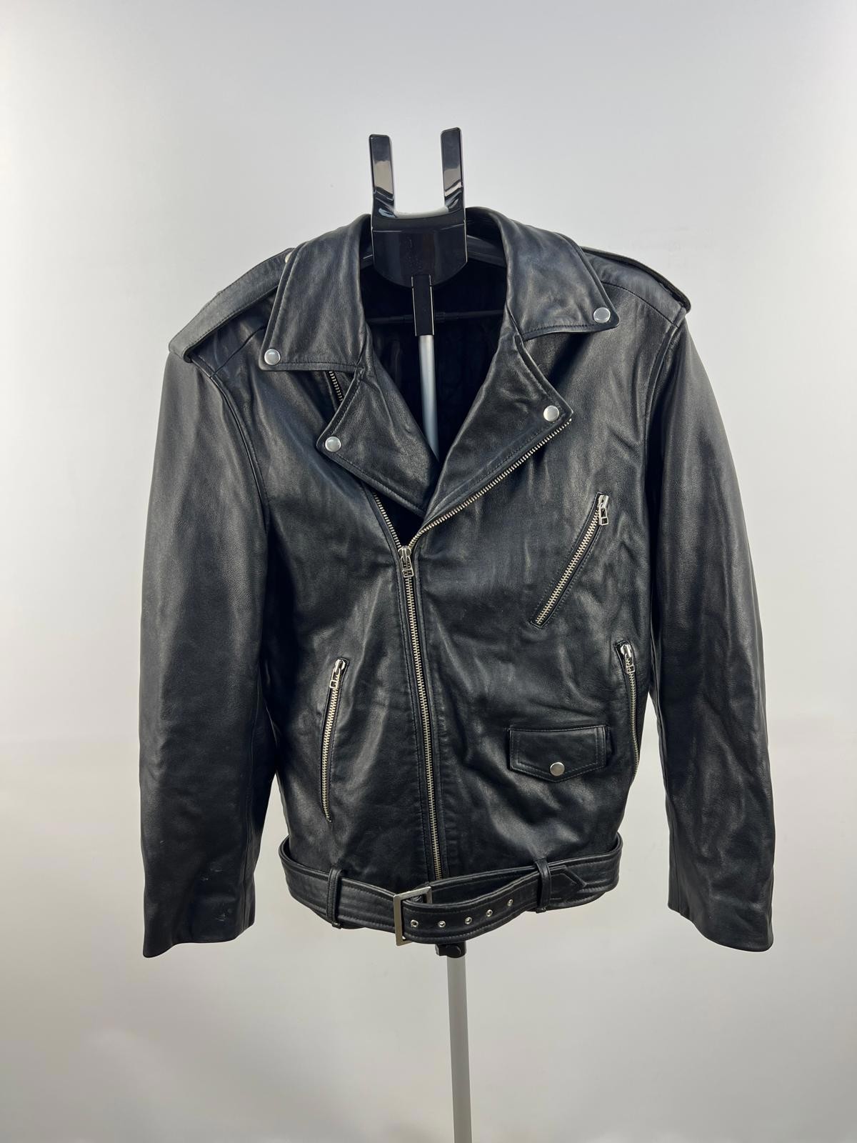 Classic Black Leather Biker Jacket with Belt