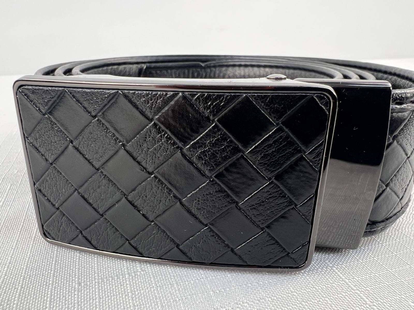 Black Leather Belt with Woven Pattern Buckle