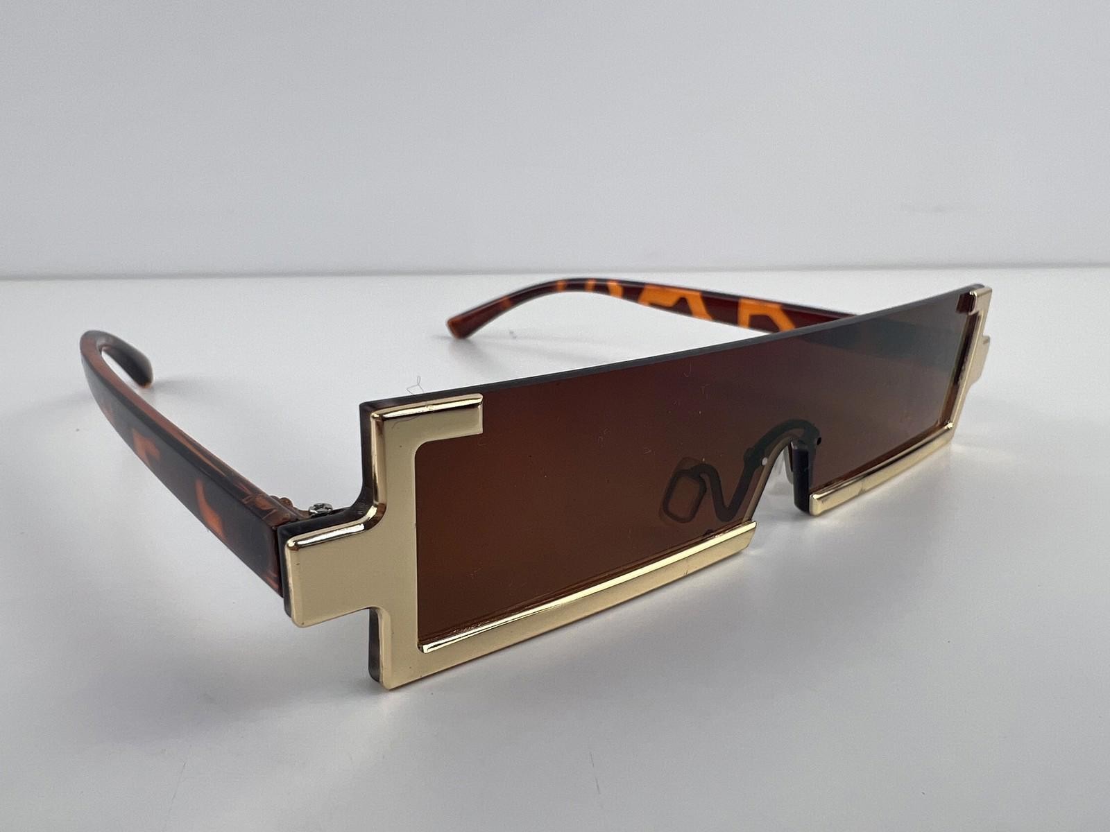 Gold Frame Brown Shield Rectangular Sunglasses Tortoiseshell Arms