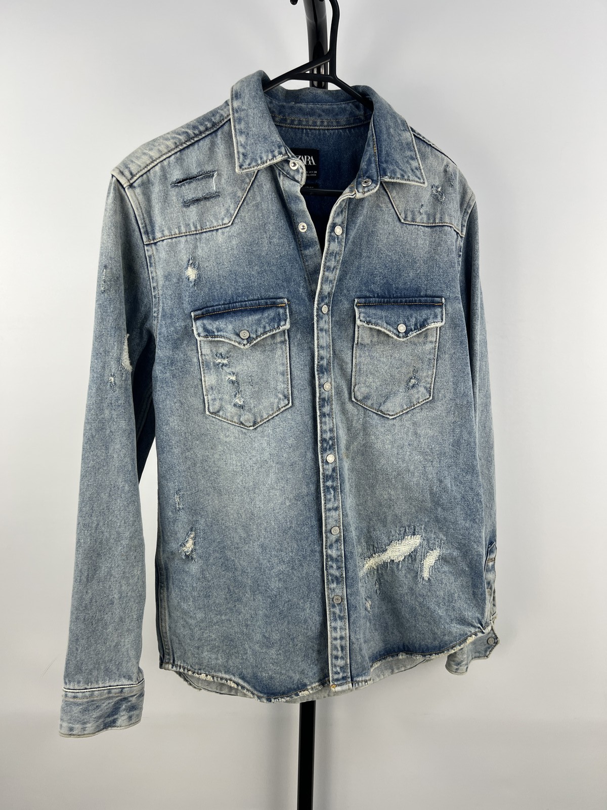 ZARA Relaxed Fit Distressed Denim Shirt Blue EUR S
