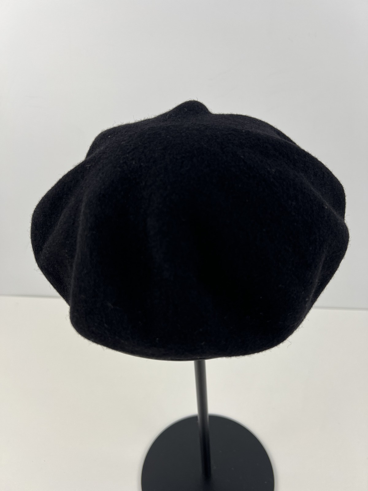 Black Wool Beret Hat with Faux Leather Trim