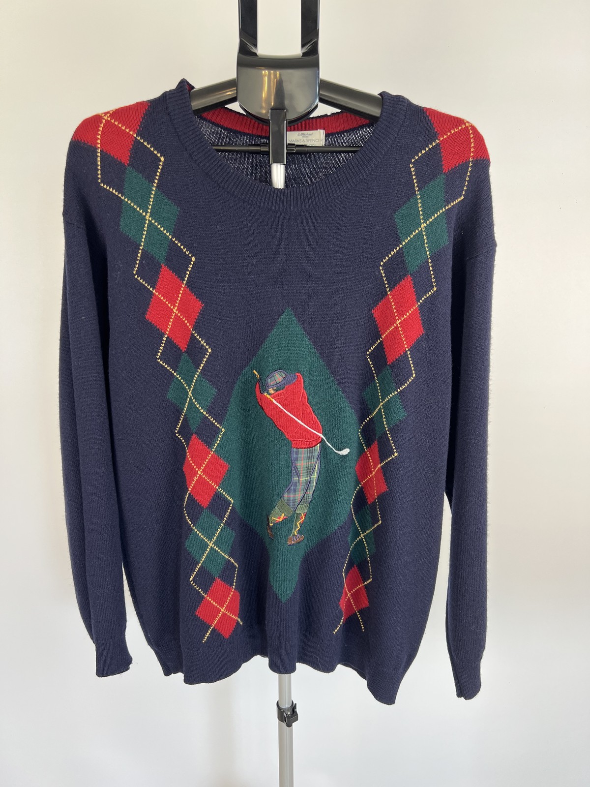St Michael Marks & Spencer Lambswool Golf Argyle Sweater Navy L