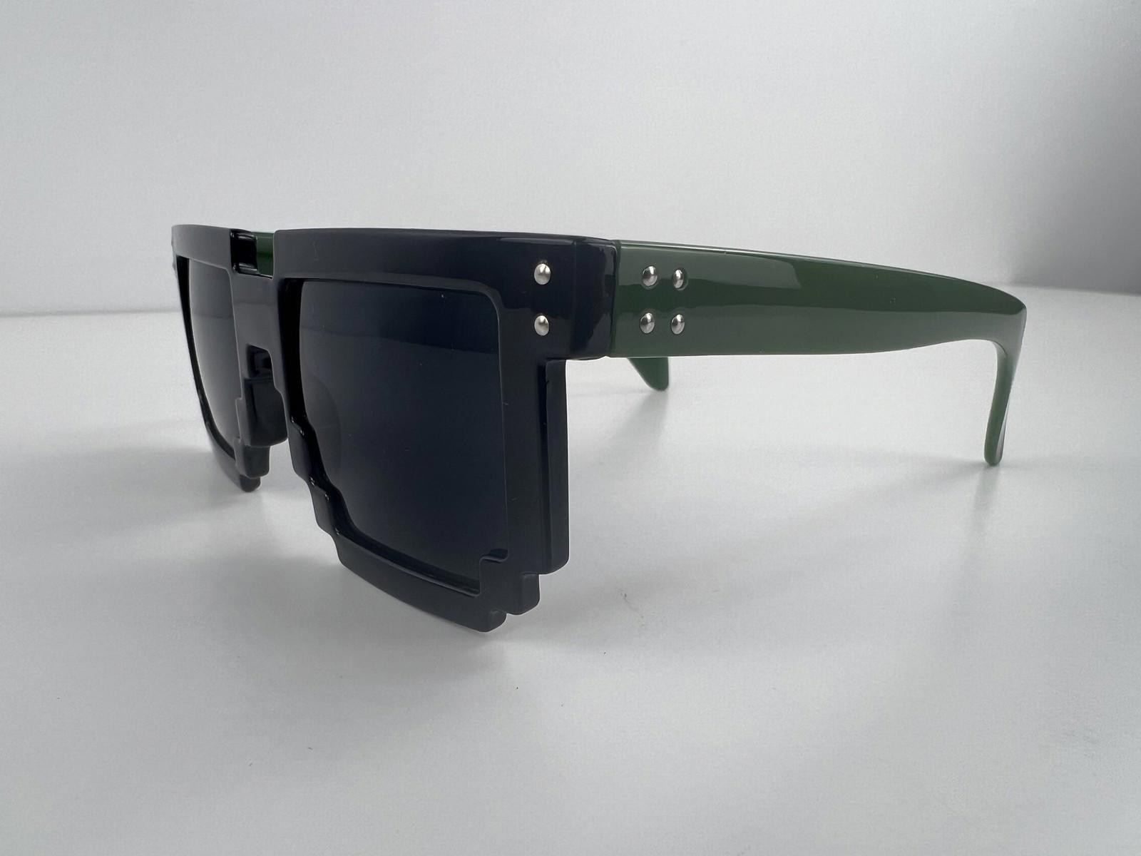 Chunky Pixel Style Black Square Sunglasses Green Arms