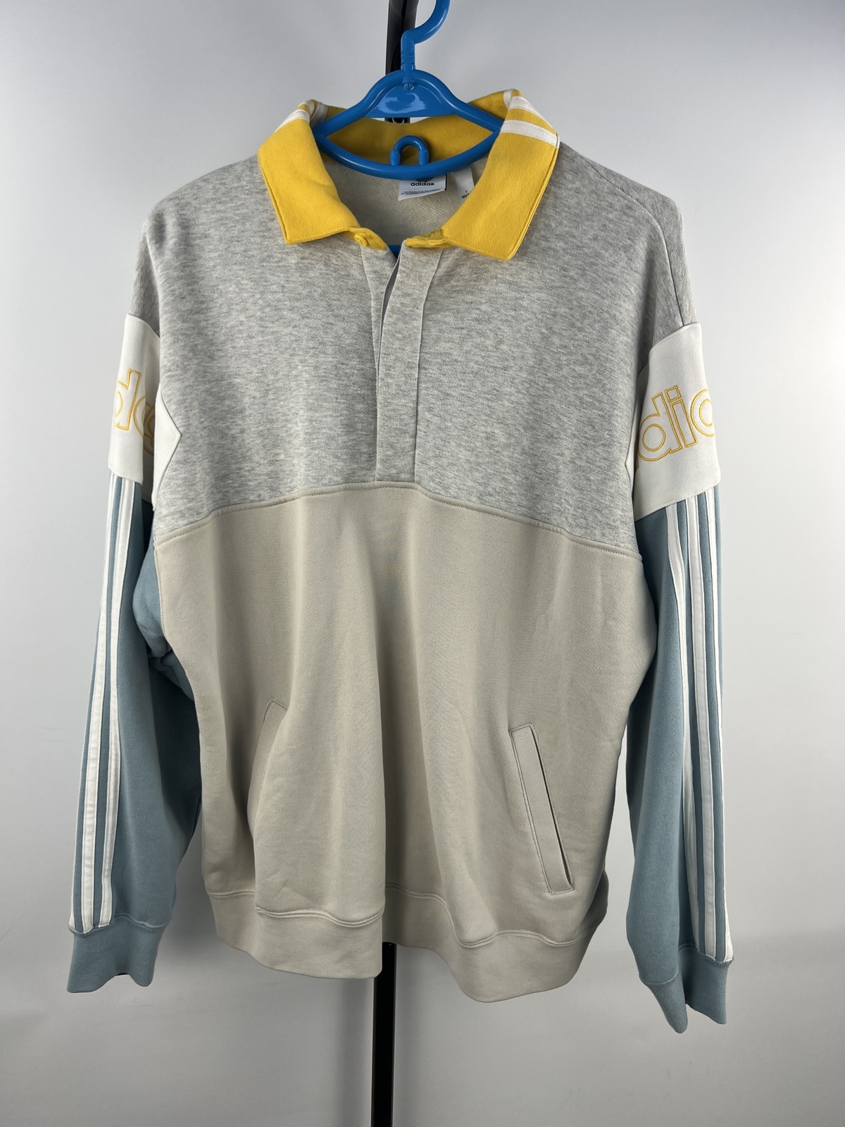 adidas Originals 3-Stripes rugby sweatshirt grey yellow blue size L
