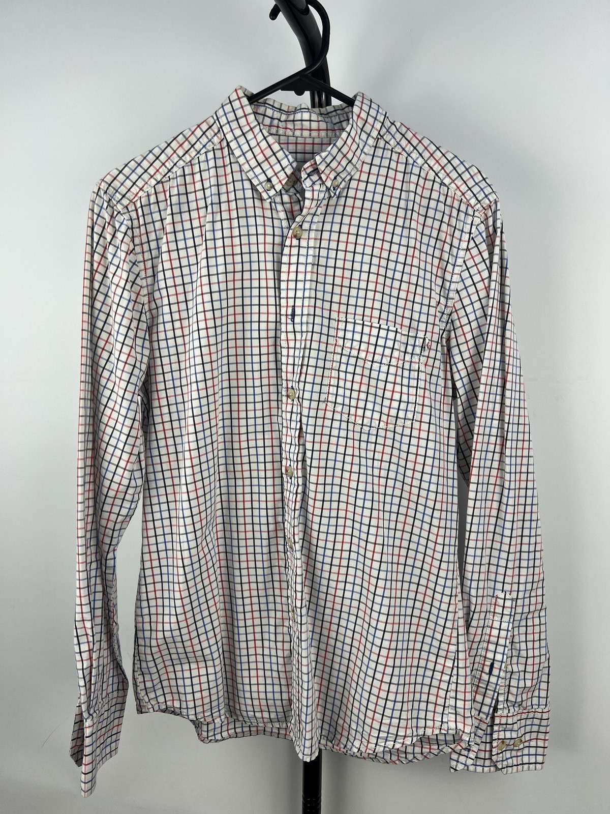 life after denim Mens Check Button-Down Shirt White Red Blue Size S