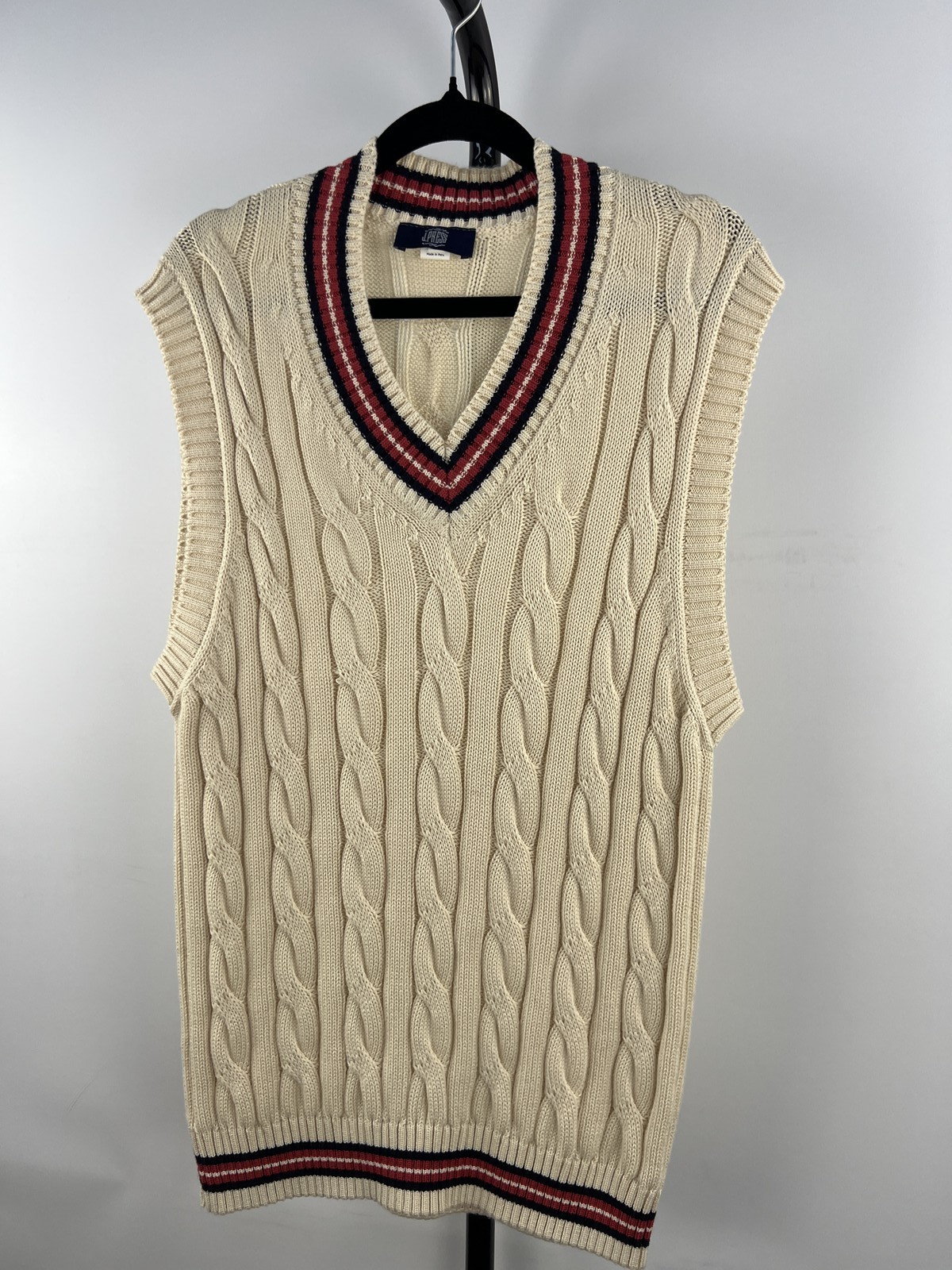 IPHS 100% Pima Cotton Cable Knit V-Neck Sweater Vest Cream M