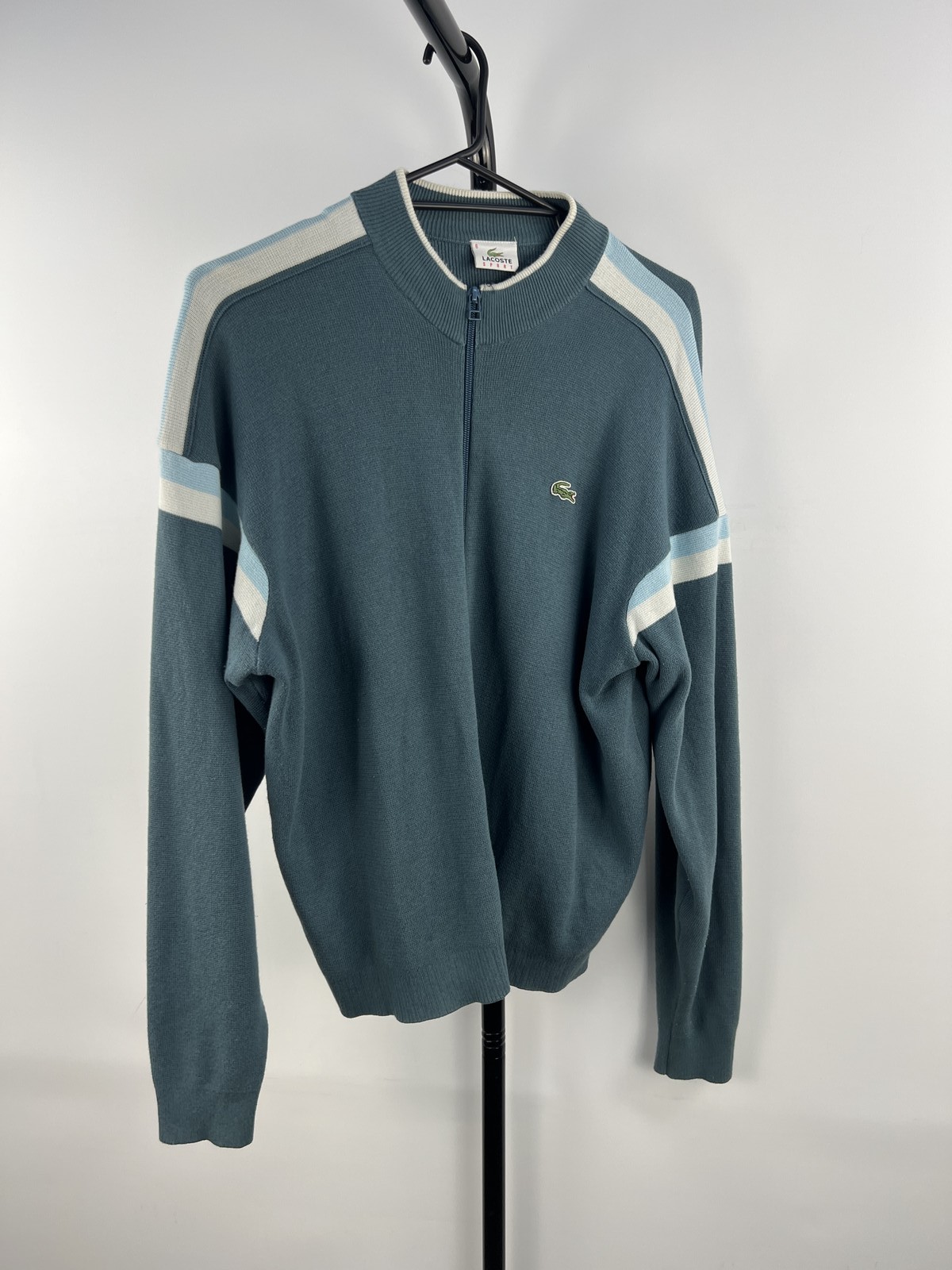 Lacoste Sport 1/4 Zip Knit Jumper Blue Green Stripe Size 6