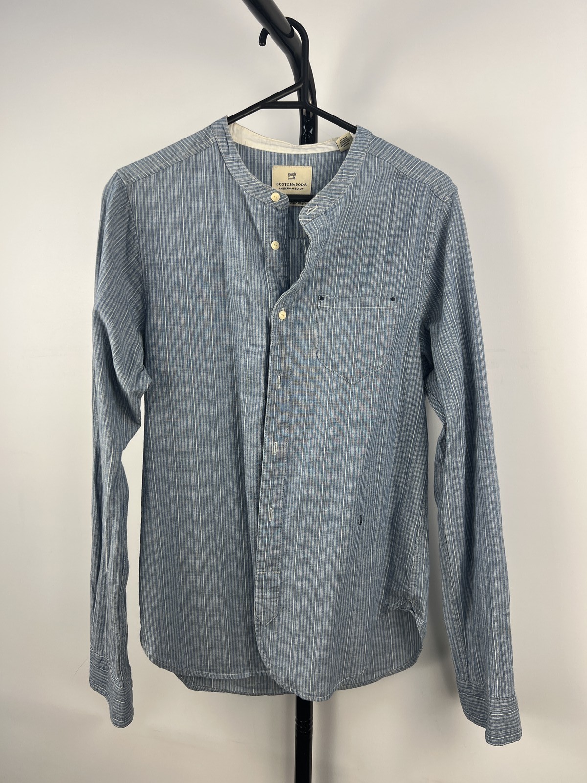 Scotch & Soda Blue White Striped Grandad Collar Long Sleeve Shirt
