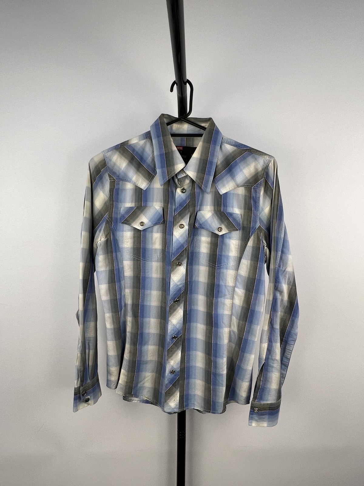 Diesel Mens Plaid Check Button-Up Shirt Blue Grey White Size S