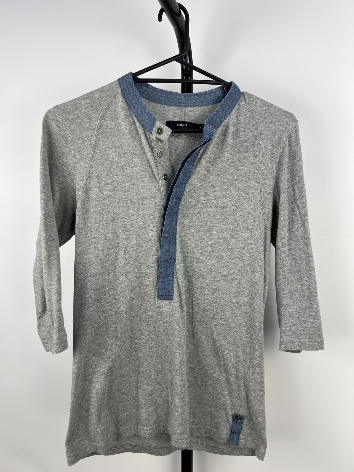 Calibre Mens Henley Top Grey Marle Blue Trim 3/4 Sleeve Size XS